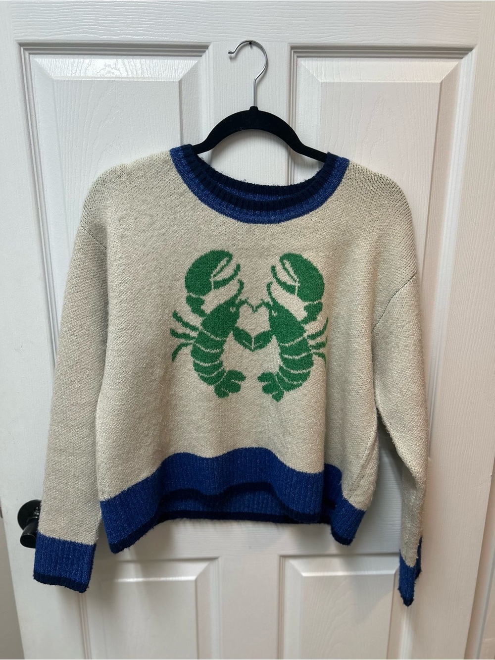 CAbi Sandy Shores Cream Sweater with Intarsia Green Lobster Motif and Blue Trim - Picture 2 of 5